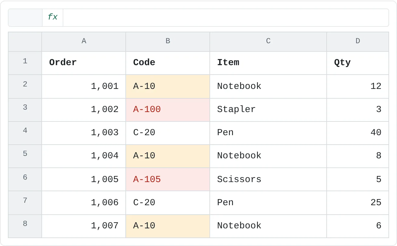The order list. The three notebook codes to change are amber; A-100 and A-105 (red) also contain the text A-10.