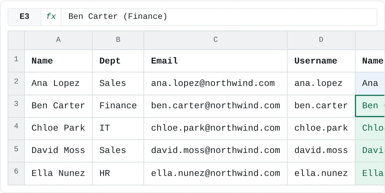 From one example, Flash Fill joined the name from column A with the department from column B in every row.