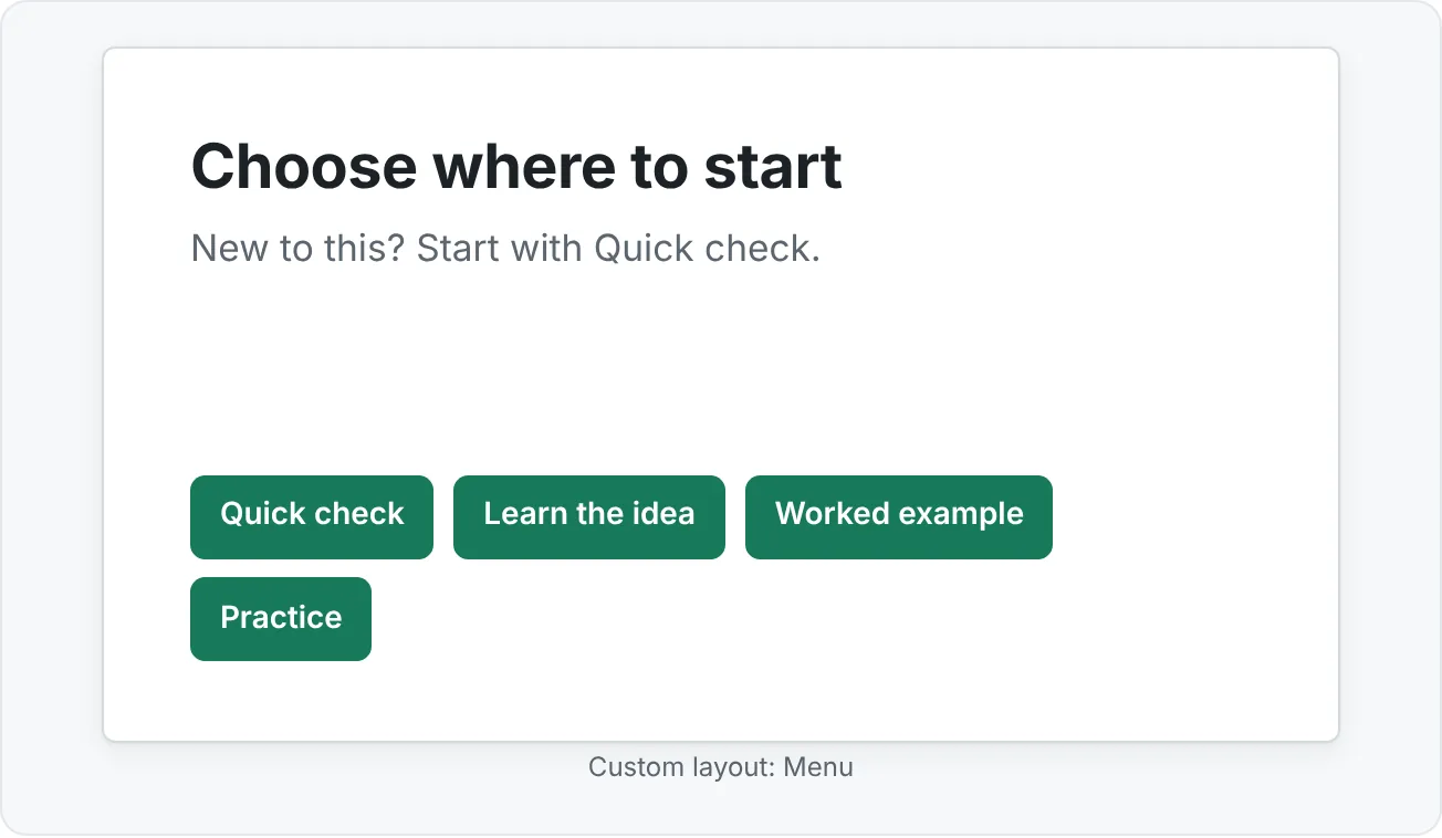 The interactive menu slide: a takeaway title and four large buttons that jump to sections of the module.