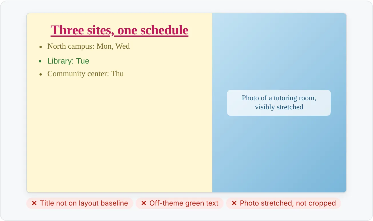 A slide marked up during visual QA, with numbered red notes pointing at a misaligned title, an off-theme color and a stretched photo.