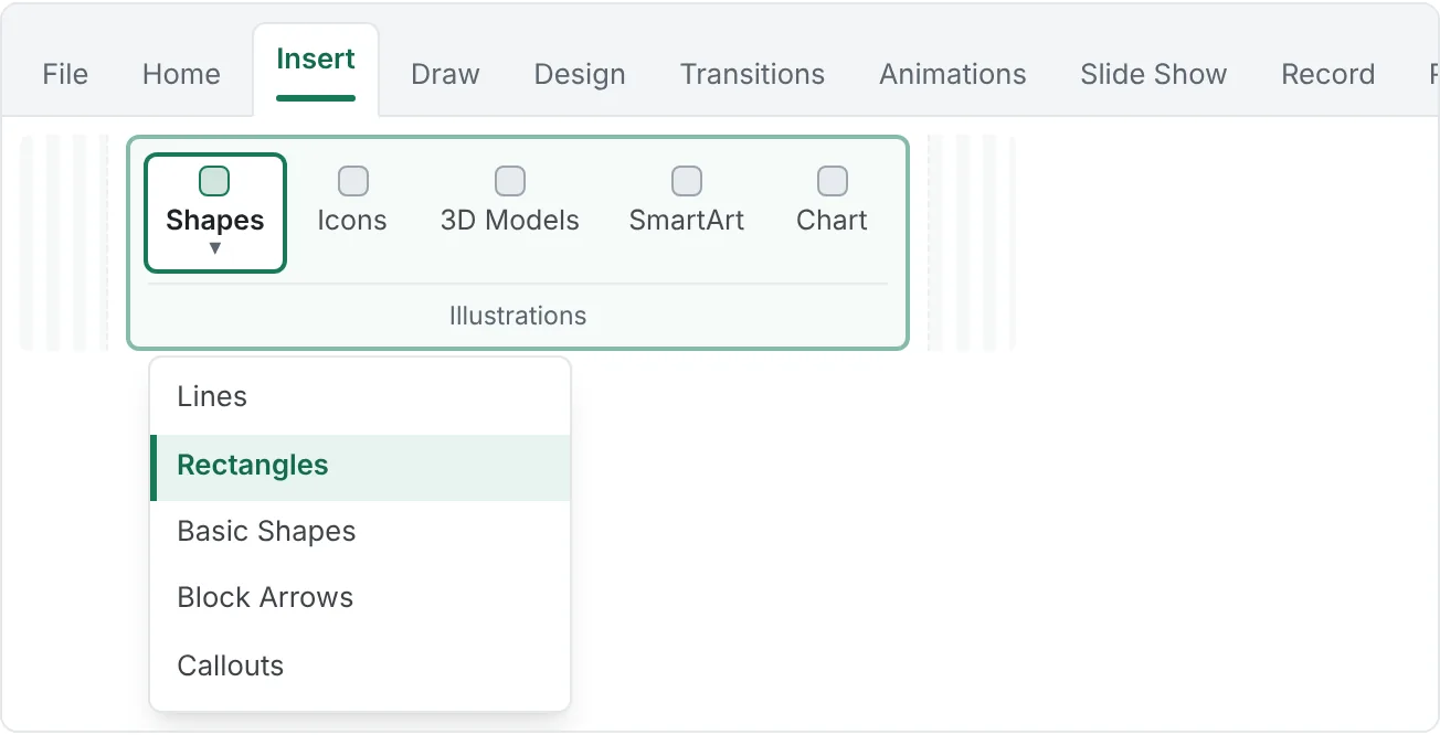 Insert › Illustrations. Shapes and Icons sit side by side.
