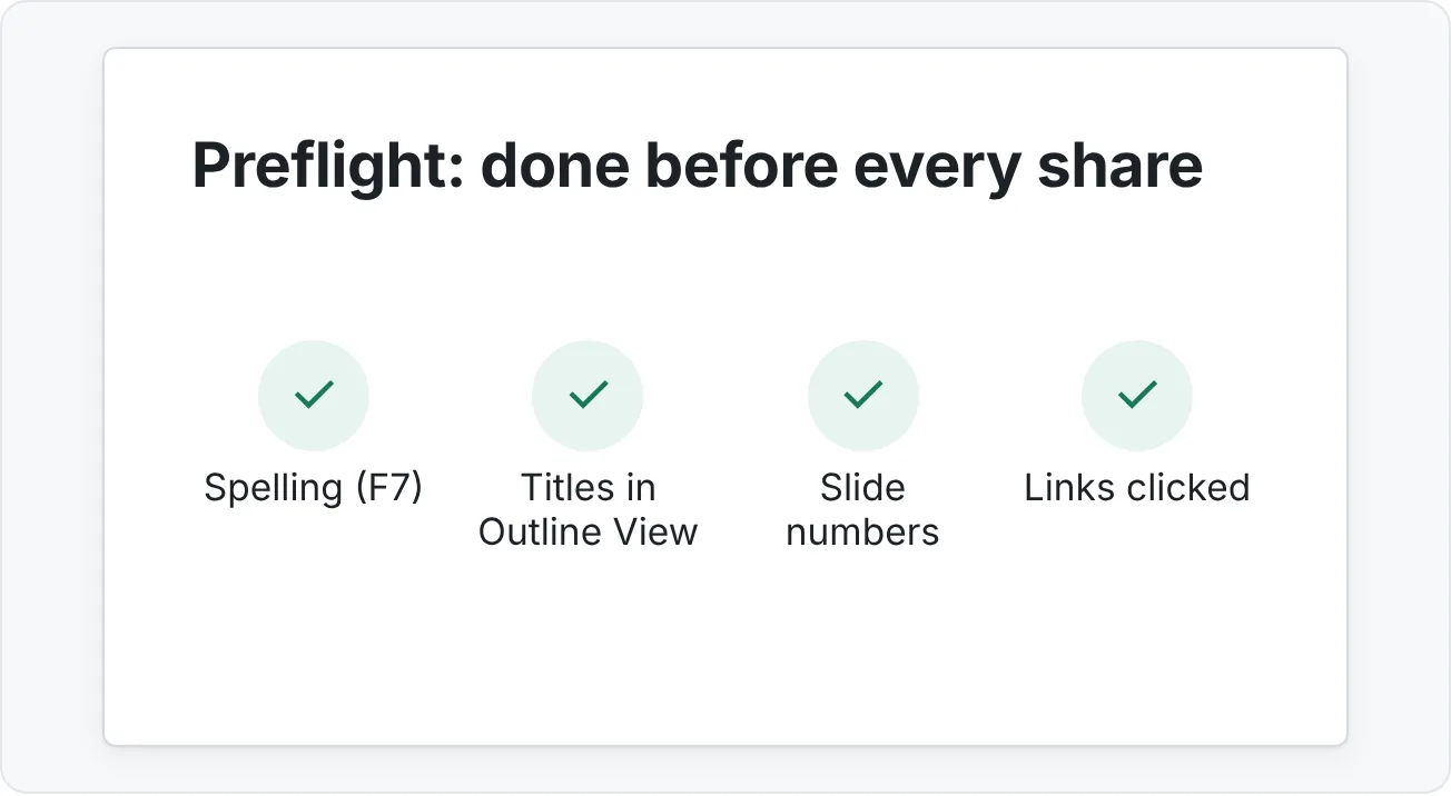 A preflight checklist slide you can keep at the end of your working file (and delete before sharing).