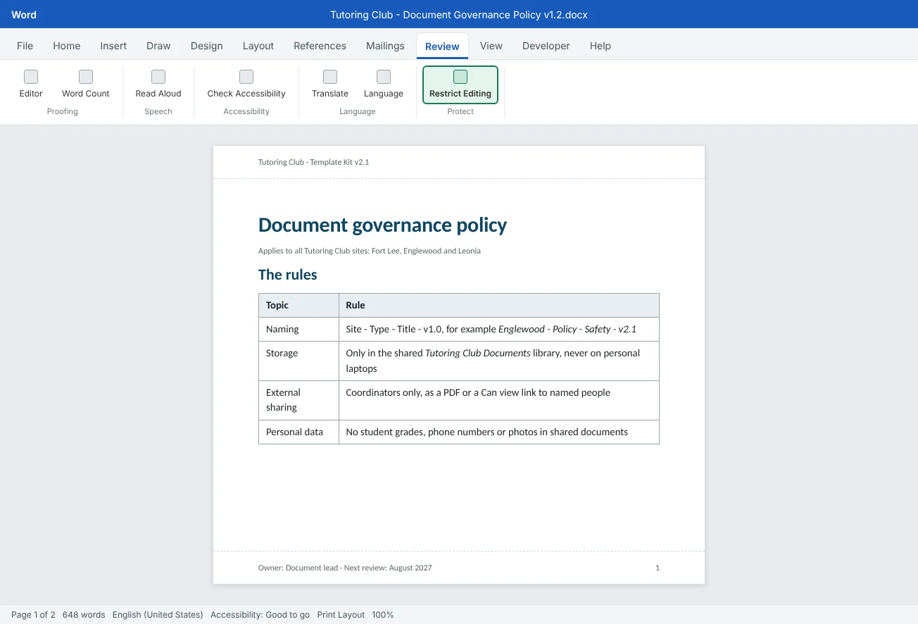 The Tutoring Club's one-page document governance policy on the Review tab, with Restrict Editing highlighted and a table of rules for naming, storage, sharing and personal data.
