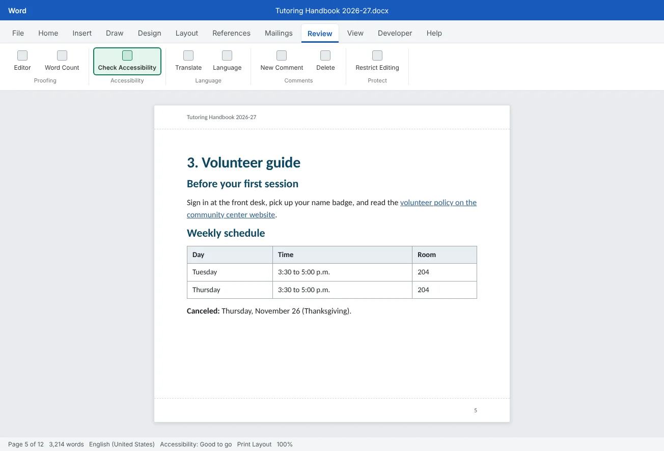 The Volunteer guide chapter of the Tutoring Handbook on the Review tab, with Check Accessibility highlighted and real headings, a descriptive link and a table with a header row.