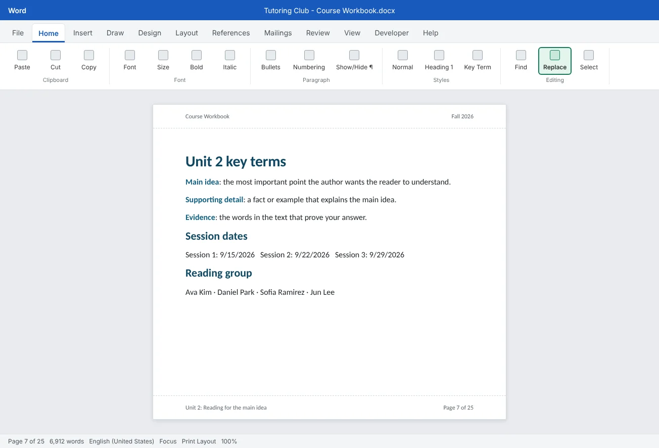 A cleaned-up glossary and schedule page of the Course Workbook: every key term uses one style, names read First Last and all dates share one format.