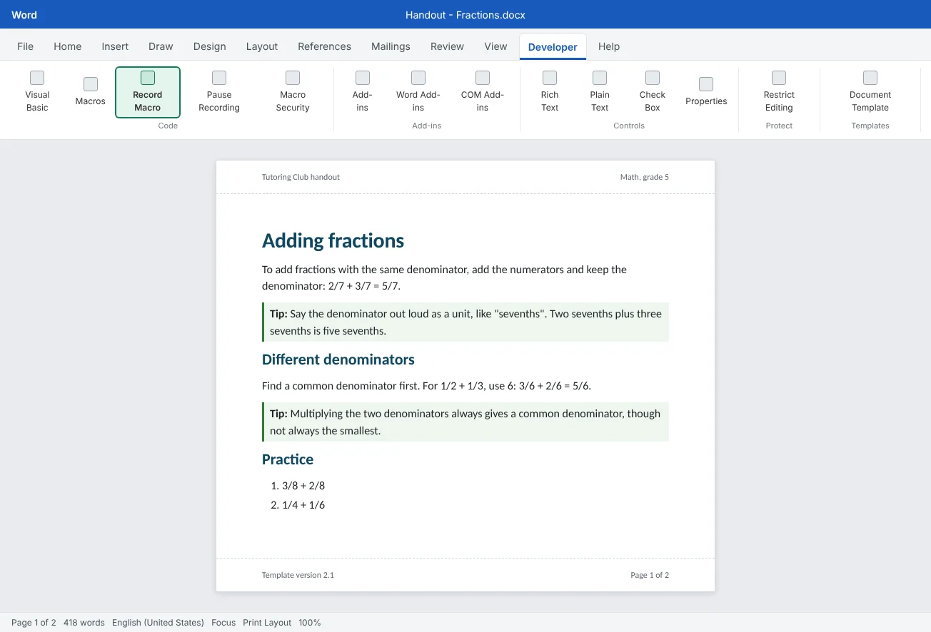 A handout after running two small macros: double spaces and empty paragraphs are gone and every tip uses the Tip Box style.