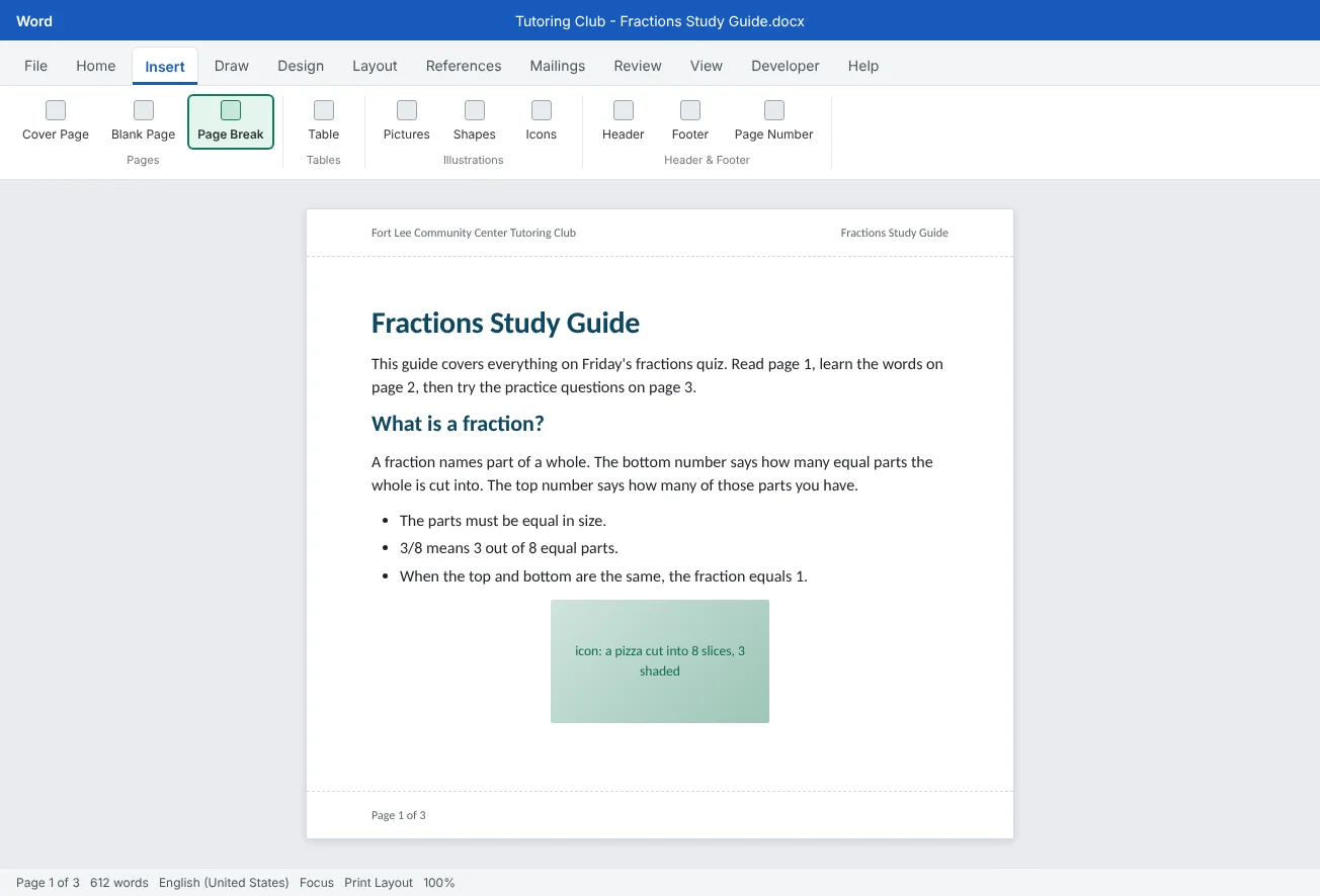 Page 1 of a finished Fractions Study Guide: a title, a short intro, a heading, a bulleted list and an icon, with the club name in the header and a page number in the footer.