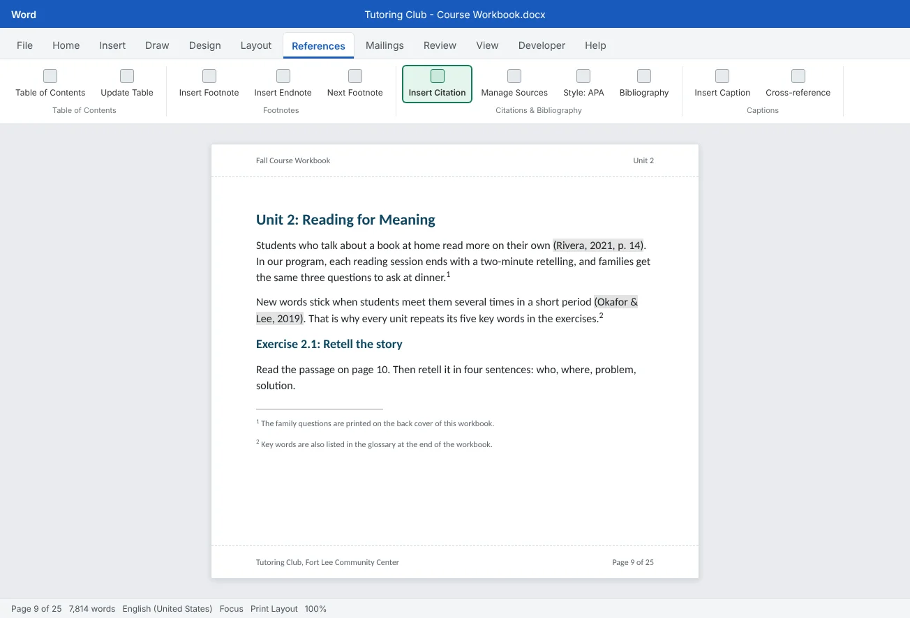 A reading unit page of the 25-page Course Workbook with APA in-text citations shaded as fields and two numbered footnotes at the bottom of the page.