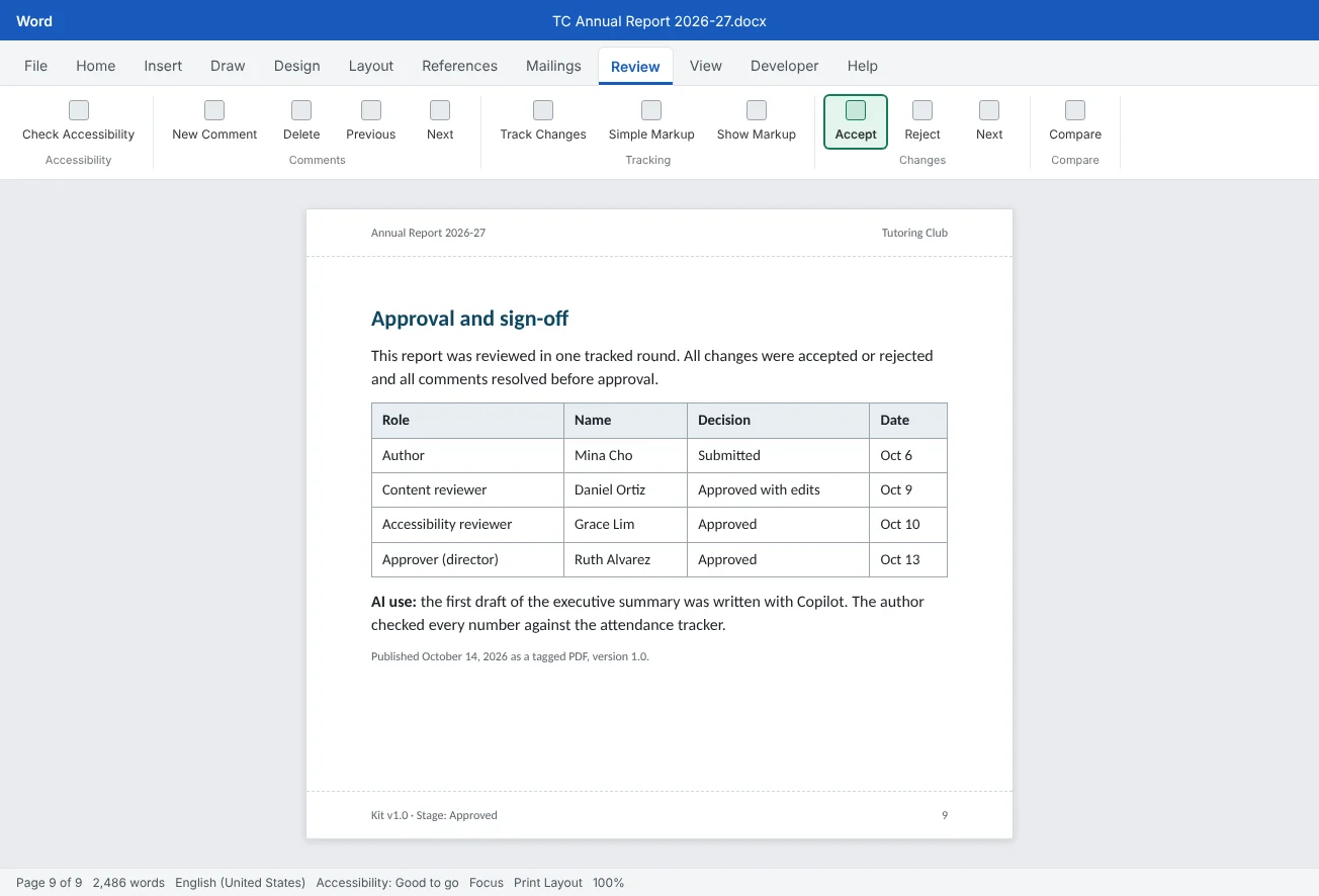 The sign-off page of the Tutoring Club's Annual Report 2026-27: a table of reviewers, their decisions and dates, an AI-use note and the published version number.