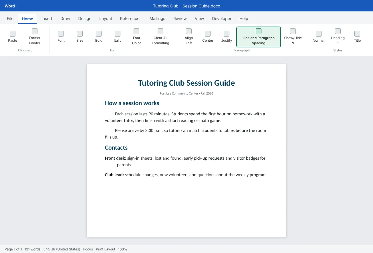 A Tutoring Club session schedule with one body font, left-aligned paragraphs, even spacing between paragraphs and the Line and Paragraph Spacing button highlighted.
