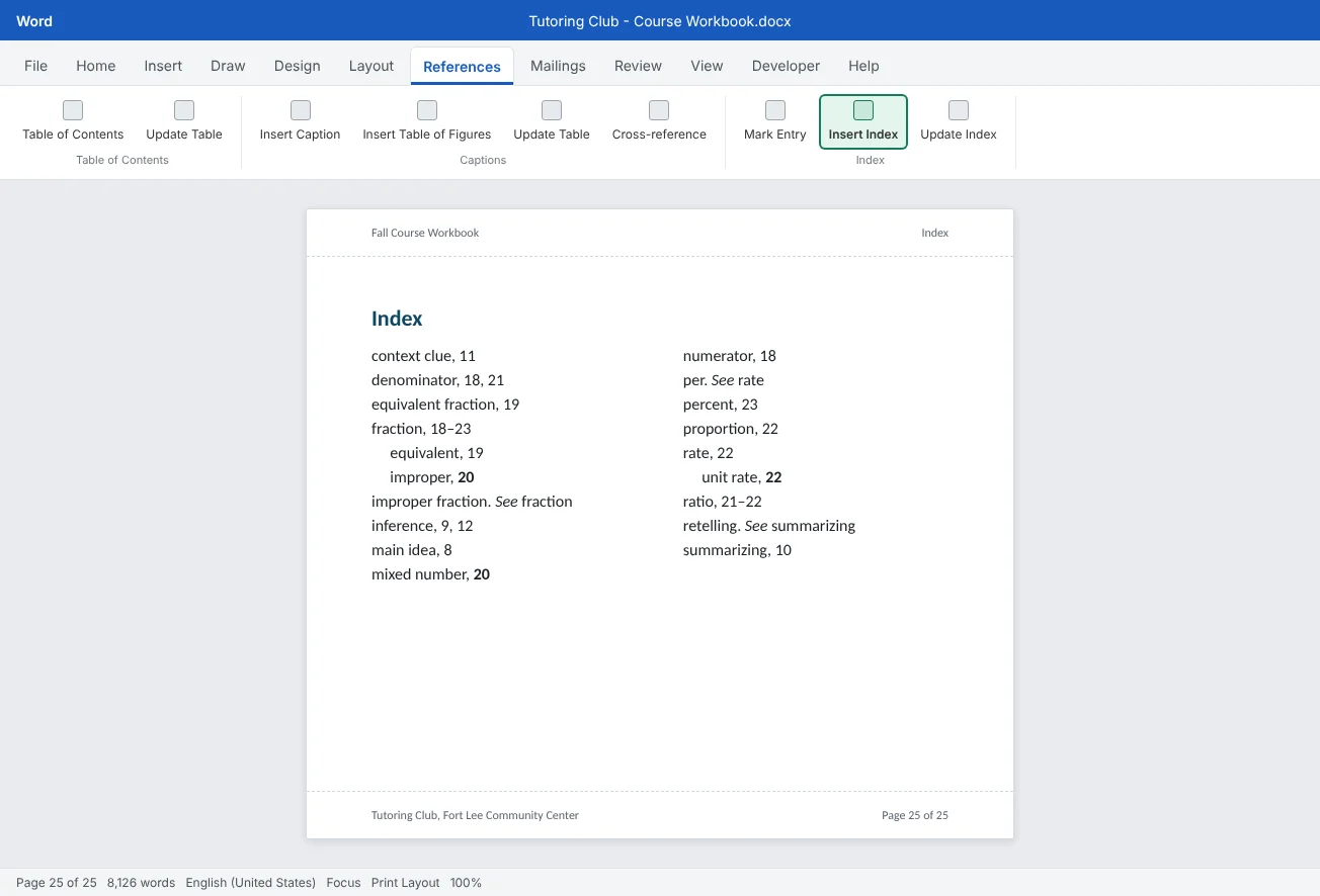 The last page of the 25-page Course Workbook: a two-column index with main entries, indented subentries, See references and bold page numbers for definitions.