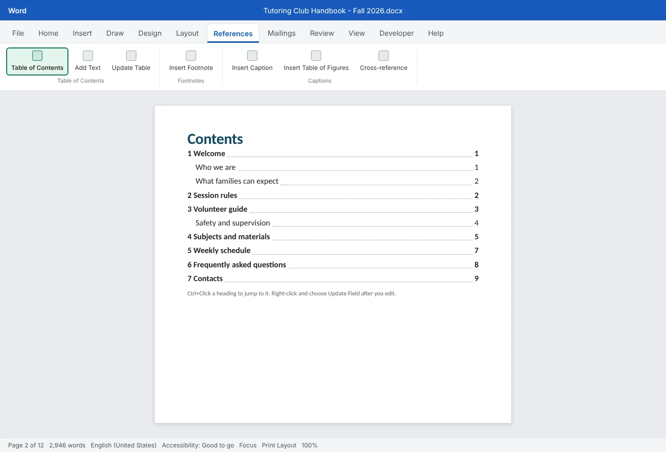 Page 2 of a finished Tutoring Club Handbook: an automatic table of contents with seven chapters, dot leaders and page numbers that start at 1 on the Welcome chapter.