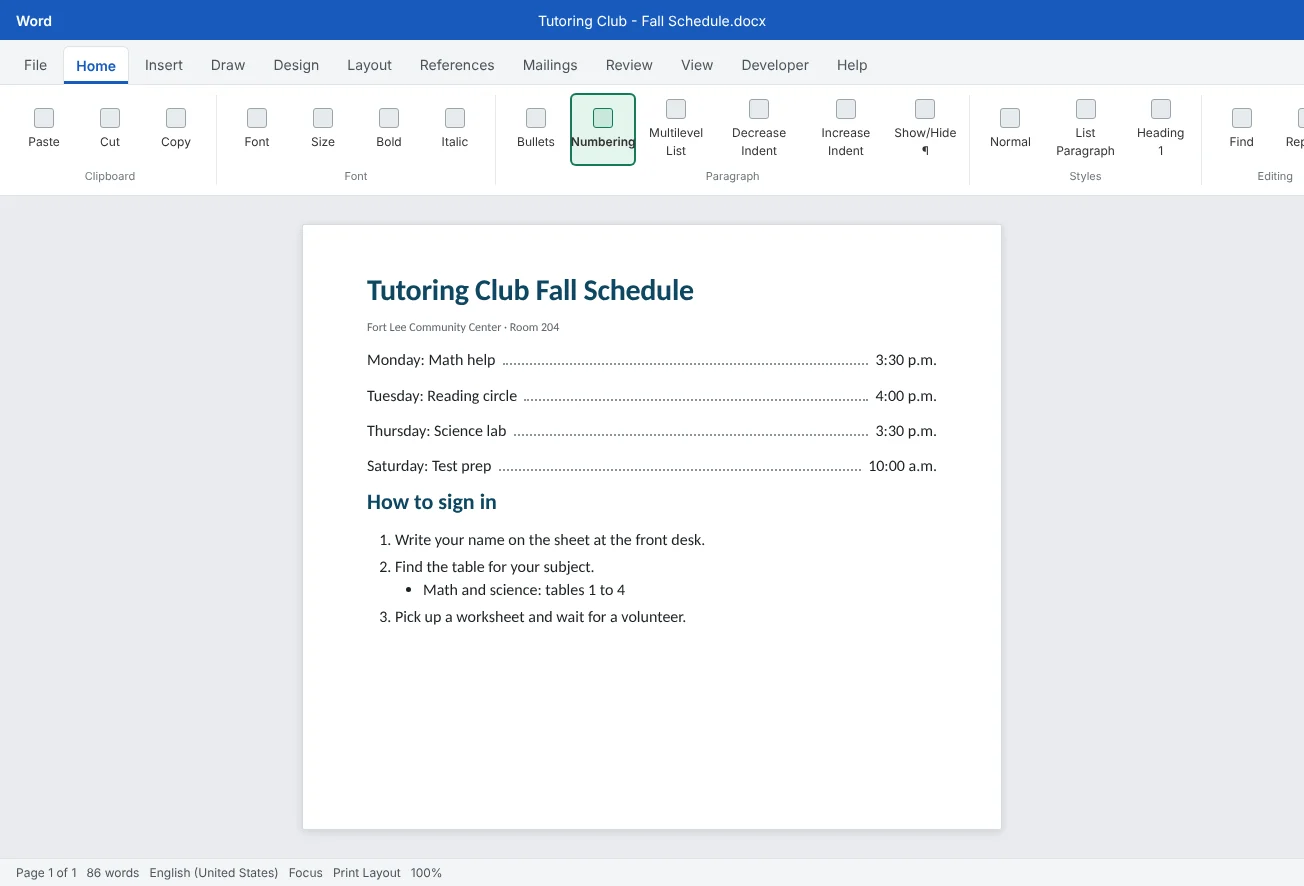A Tutoring Club schedule lined up with tab stops and dot leaders, above a numbered sign-in list with a bulleted sub-point.