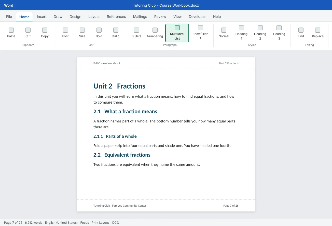 Page 7 of the 25-page Course Workbook, where unit and section numbers such as "Unit 2" and "2.1" come from a multilevel list linked to the heading styles.