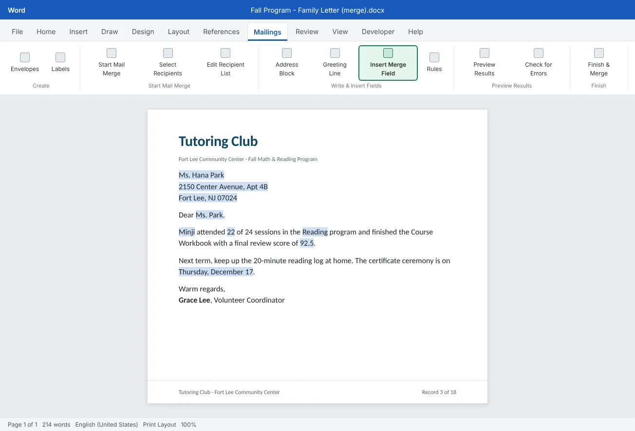 A family letter merged from the fall program roster, previewing record 3 with the merged name, sessions, score and date shaded, and Insert Merge Field highlighted on the Mailings tab.