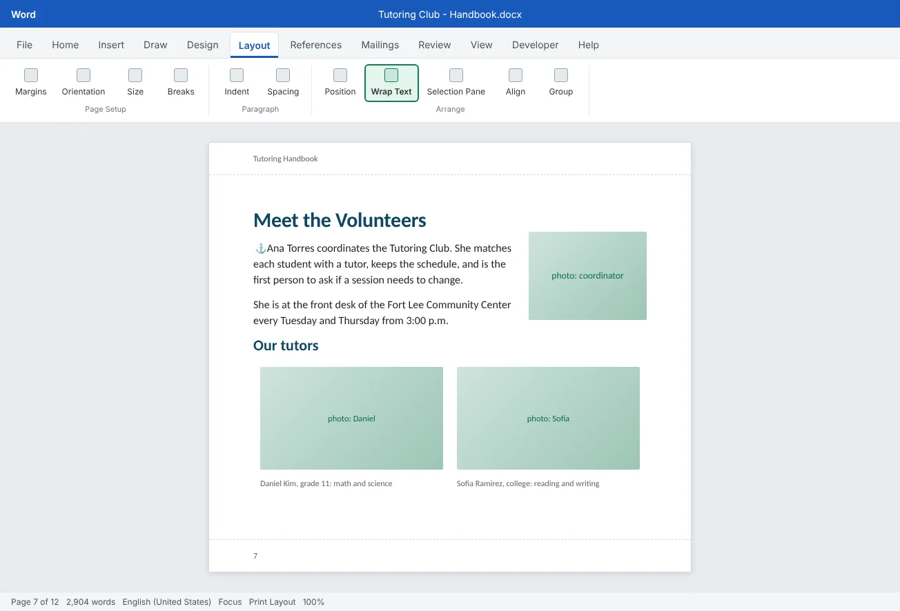 A Meet the Volunteers page from the Tutoring Handbook: one photo wrapped beside the coordinator's paragraph, and two tutor photos with captions lined up in a borderless table grid.
