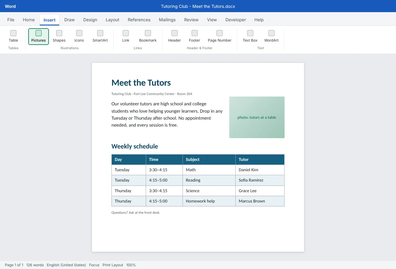 A one-page Tutoring Club flyer with a picture wrapped beside the opening paragraph and a weekly schedule built as a styled table.