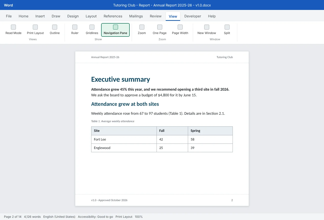 Page 2 of the Tutoring Club annual report: a one-page executive summary that opens with the answer, statement headings, and a captioned table with a cross-reference.