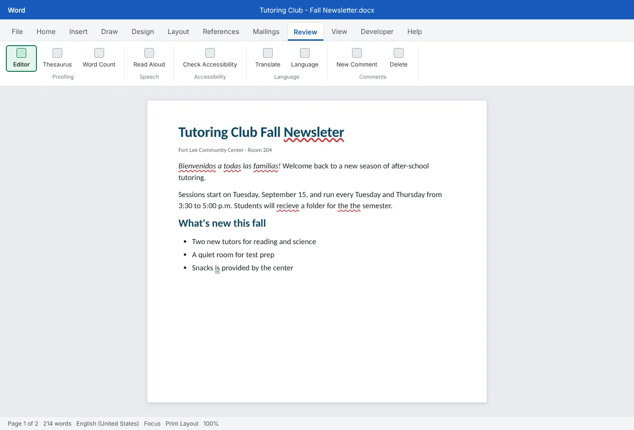 A Tutoring Club newsletter on the Review tab, with Editor highlighted and spelling and grammar underlines still waiting to be fixed.