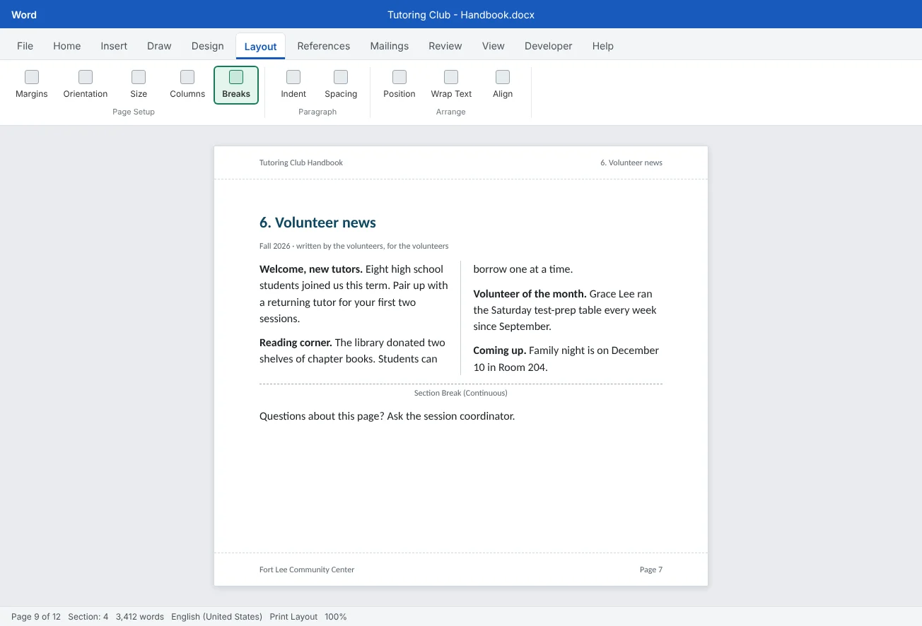 Page 9 of the Tutoring Club handbook: a full-width heading above two columns of newsletter text with a line between them, and a footer that restarts page numbering for the main chapters.