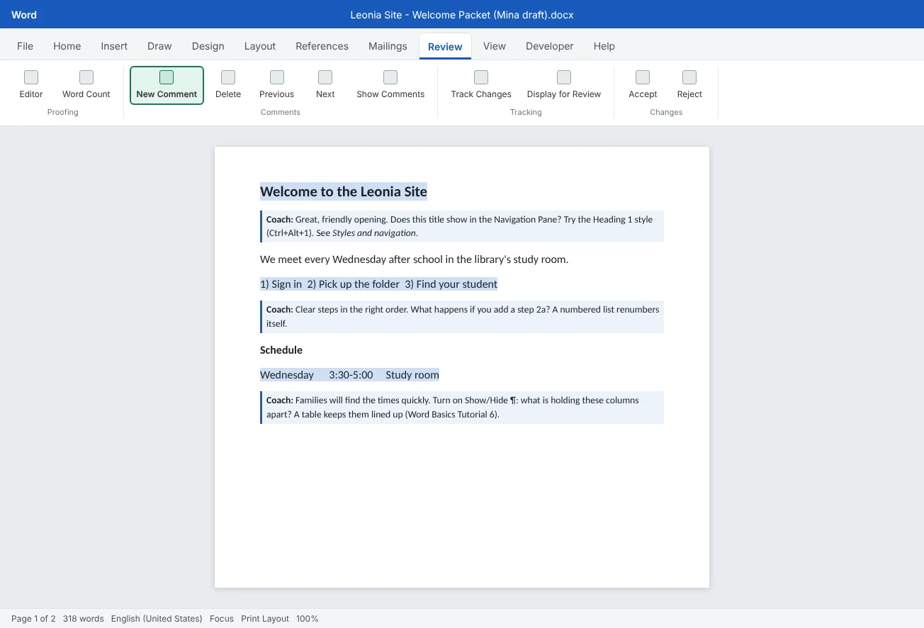 A new coordinator's welcome packet on the Review tab, with New Comment highlighted and two coach comments that praise, ask a question and point to a fix.