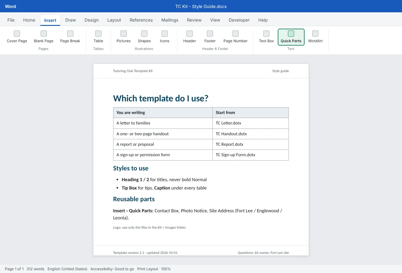 The one-page style guide from the Tutoring Club template kit: it lists each template, the styles to use, the approved logo and the kit version shown in the footer.