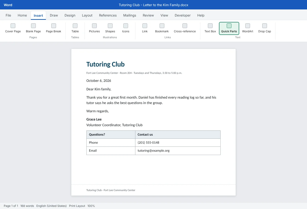 A new family letter started from the Tutoring Club template, with Quick Parts highlighted on the Insert tab and the saved signature block and contact box ready to insert.