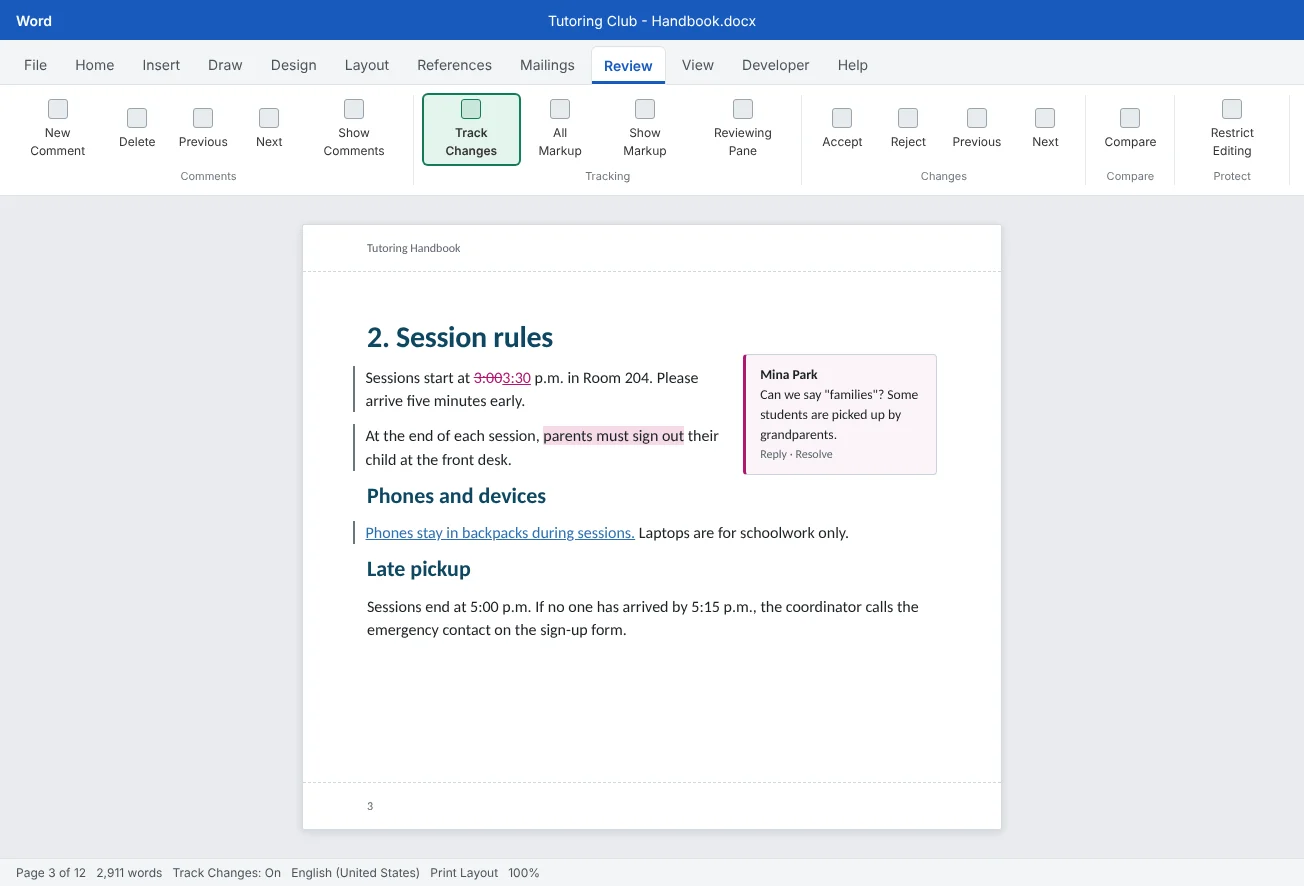 The Session rules chapter of the Tutoring Handbook in All Markup view, with a tracked insertion, a tracked deletion, a change bar in the margin and a comment thread beside the text.