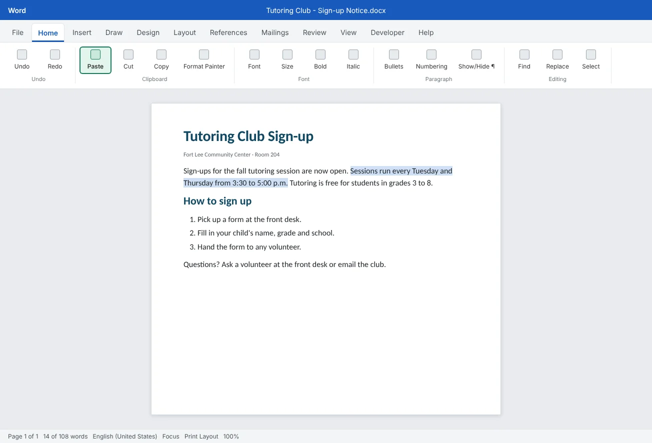 A Tutoring Club sign-up notice with one sentence selected, ready to cut, copy or replace, and the Paste button highlighted on the Home tab.