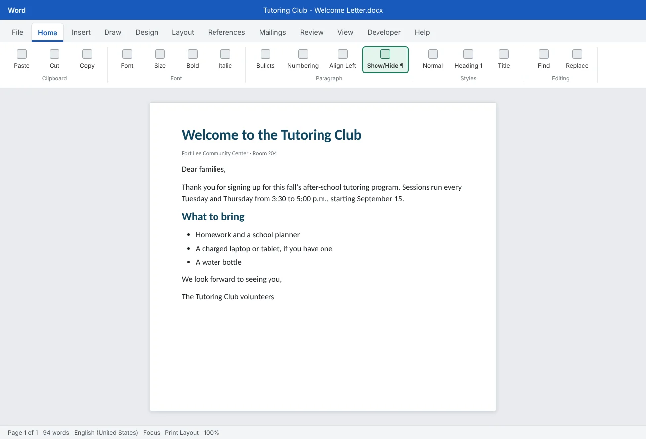 The Word window: the ribbon across the top, the page in the middle, and the status bar showing the page count, word count and zoom.