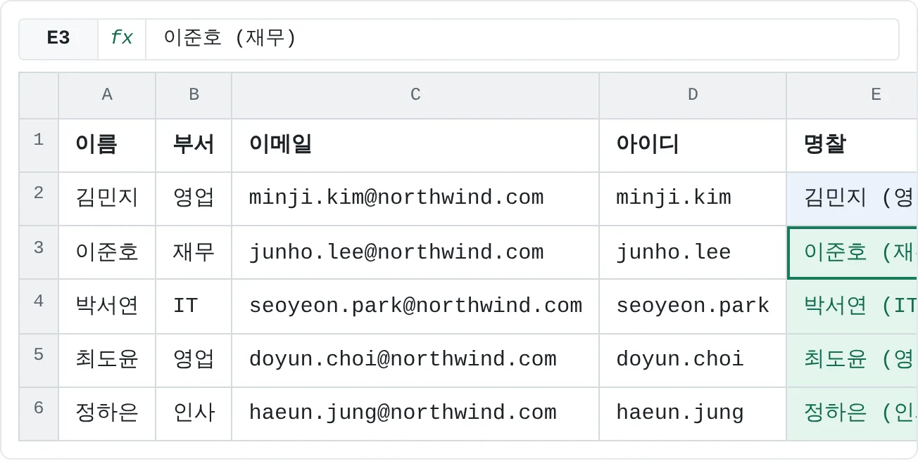 예시 하나로 모든 행에서 A열의 이름과 B열의 부서를 이어 붙였어요.