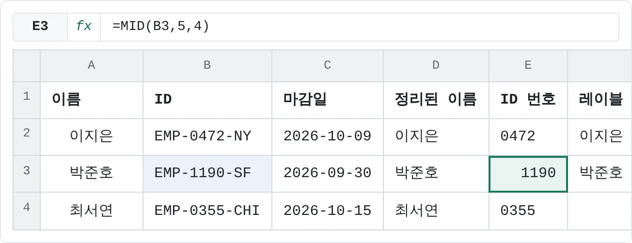 MID가 EMP-1190-SF의 5번째 글자부터 네 글자를 가져와요. 결과는 1190이에요.