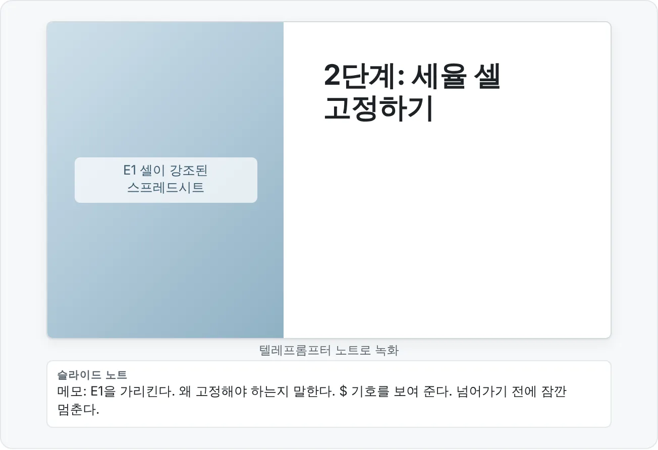 녹화 화면: 가운데에 슬라이드, 오른쪽에 텔레프롬프터로 쓰는 슬라이드 노트, 녹음·일시 중지·중지·지우기 컨트롤이 있어요.