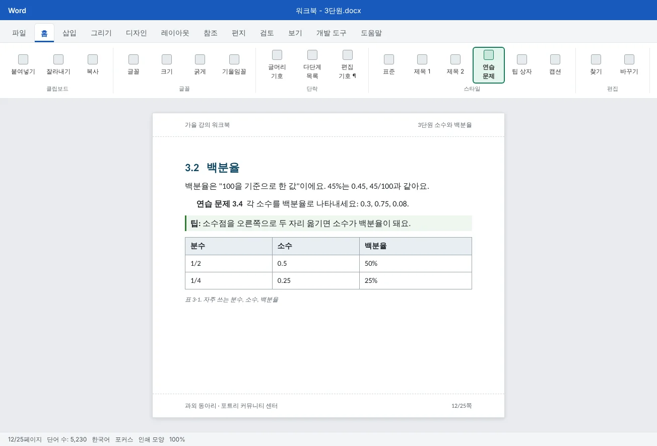 동아리 서식 파일로 만든 강의 워크북 페이지예요. 제목, 연습 문제, 팁 상자, 표, 캡션이 모두 이름 붙은 스타일을 써서 손으로 꾸민 곳이 하나도 없어요.