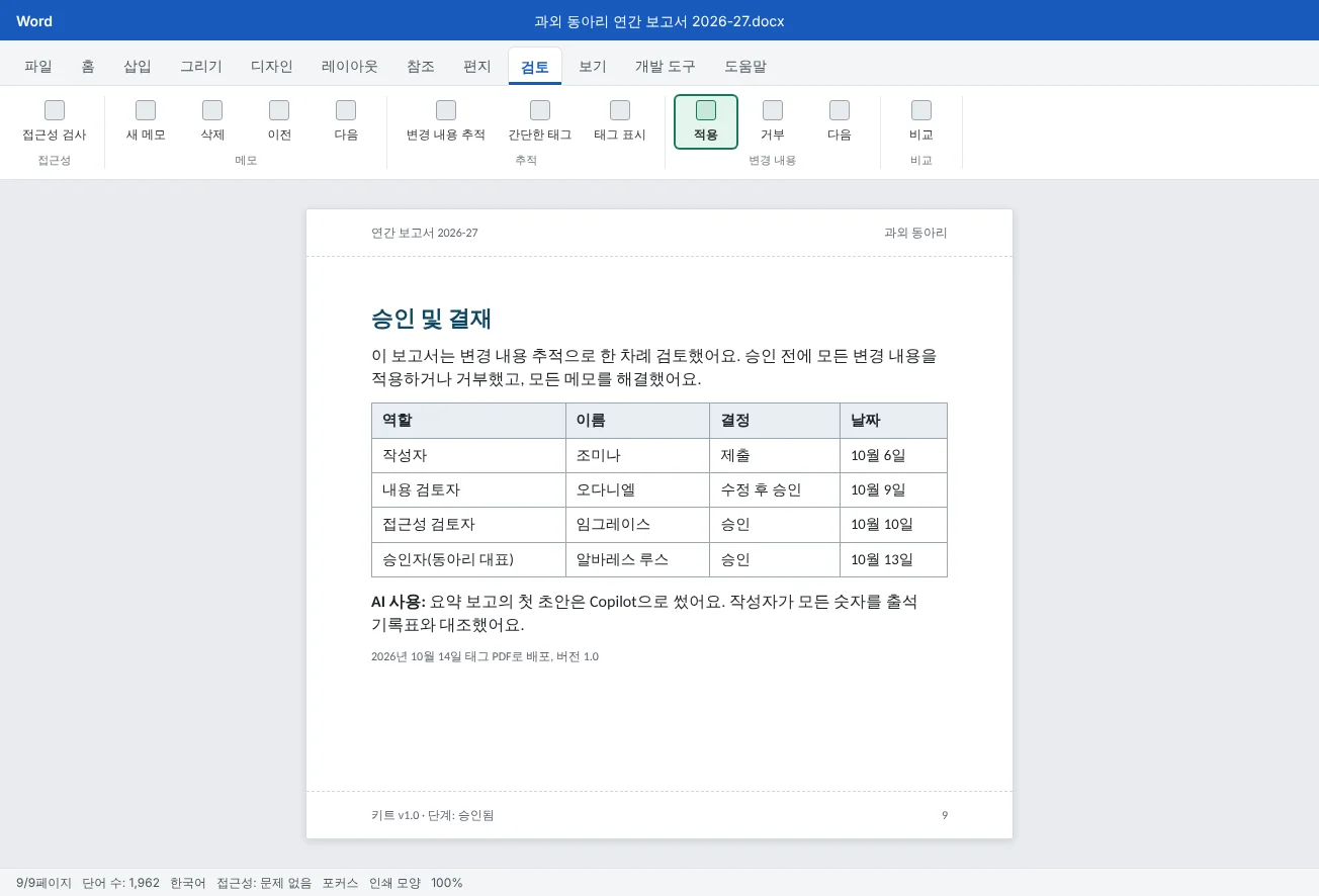 과외 동아리 2026-27 연간 보고서의 승인 쪽이에요. 검토자와 결정, 날짜가 담긴 표, AI 사용 메모, 배포 버전 번호가 있어요.