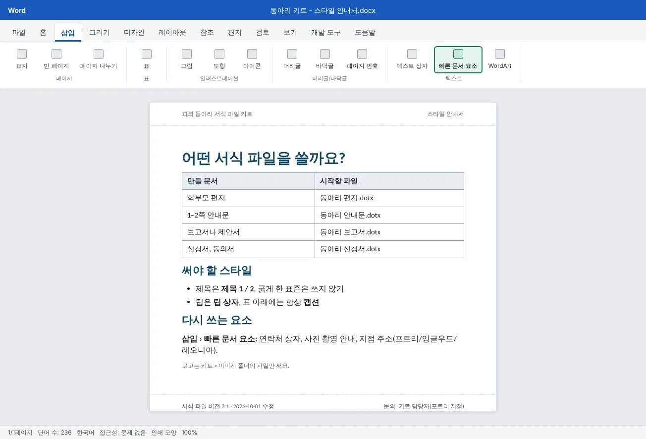 과외 동아리 서식 파일 키트의 한 쪽짜리 스타일 안내서예요. 서식 파일별 용도, 써야 할 스타일, 승인된 로고, 바닥글의 키트 버전이 보여요.