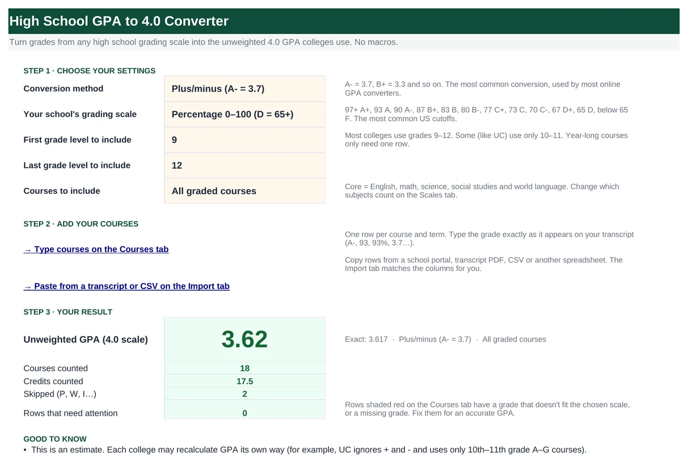 Start Here sheet of the Excel GPA converter template showing the settings, an unweighted GPA of 3.62 and the course counts