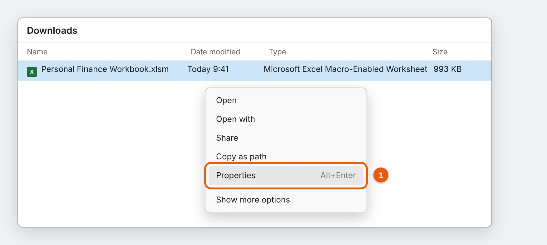Right-click the file and choose Properties.