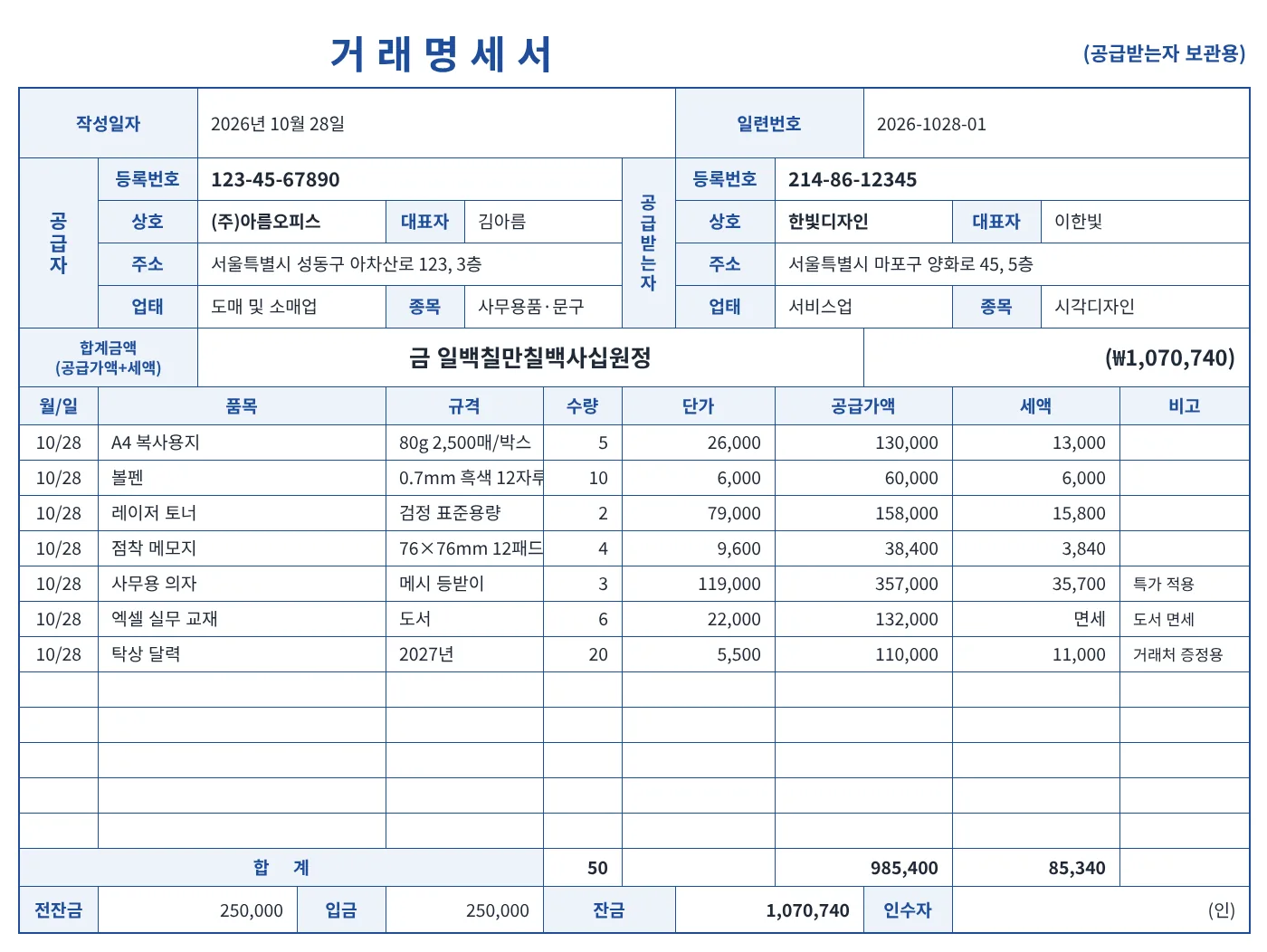 엑셀 거래명세서 양식의 인쇄용 시트. 공급자와 공급받는자 정보, 한글 합계금액, 품목별 수량·단가·공급가액·세액이 보여요